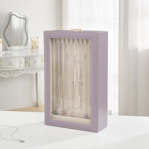 Lolalet Necklace Organizer Box, Jewelry Display Case, Purple, 2 Layers - color: Dusty Purple, size: 2 Layers, 20 Hooks