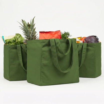 VeraMia Canvas Grocery Bag 3pc XL Set with Real Pockets, Long Shoulder Strap and Short Handle. Heavy Duty, Foldable, Washable - color: Forest
