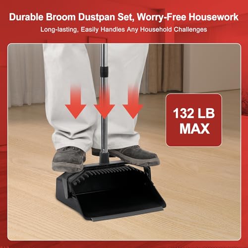 Tiumso Commercial Broom and Dustpan Set, 3-Pack Broom with Dustpan Combo Set, Industrial Brooms and Dustpans Sets 51 inch Long Handle, Large Brooms and Dust Pan for Hall Lobby Office Garage - Black - color: Total Black