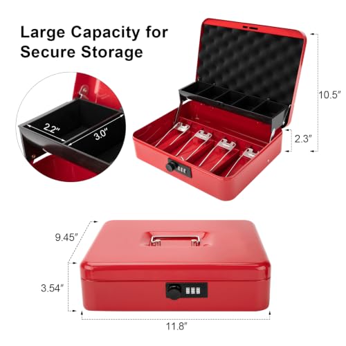 Jssmst Metal Cash Box with Money Tray and Lock, Portable Cash Drawer, 11.8" - color: Red Code-A