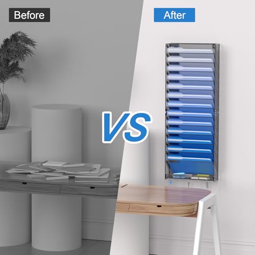 OUTWOLF 15 Tier Wall File Organizer with Hooks, Hanging Wall File Holder Wall Mount Paper Folder Organizer for Office, Magazine Rack - color: 15 Tier