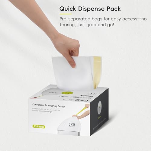 EKO 9.3 Gallon / 30–35 Liter Drawstring Trash Bags, 110 Count Heavy-Duty Tall Kitchen Garbage Can Liners, Extra-Strong Leak-Resistant, Unscented, White, Code K - size: 110 Count (Pack of 1), style: 9.3 Gallon Bags/Code K