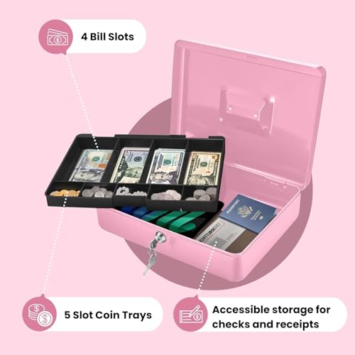 Flexzion Small Cash Box with Money Tray and Lock, 11.4-Inch, Pink - color: Pink