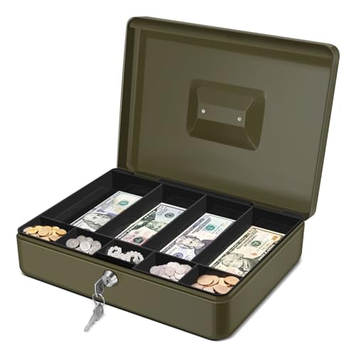 Flexzion Small Cash Box with Money Tray and Lock, 11.4-Inch, Green - color: Green