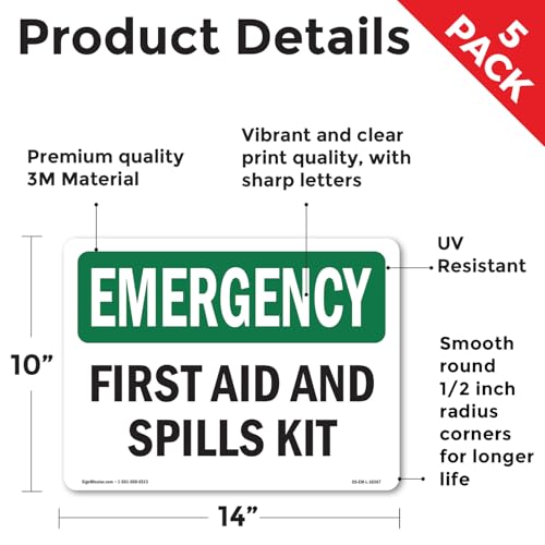 First Aid And Spills Kit OSHA Emergency Vinyl Decal Label 14 Inch x 10 Inch - 5 Pack - color: Vinyl Decal, size: 5 Pack of 14" x 10"