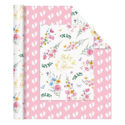 WERNNSAI Baby Shower Wrapping Paper 17 In x 33 Ft Pink Floral Gift Wrap - color: Girl Baby Floral