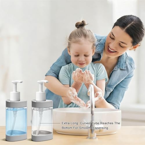 Plastic Hand Soap Dispenser 2 Pack, 13.5 oz Clear Refillable Dish Soap Pump Dispenser, Stylish Triangle Design for Bathroom Kitchen Countertop (Gray)