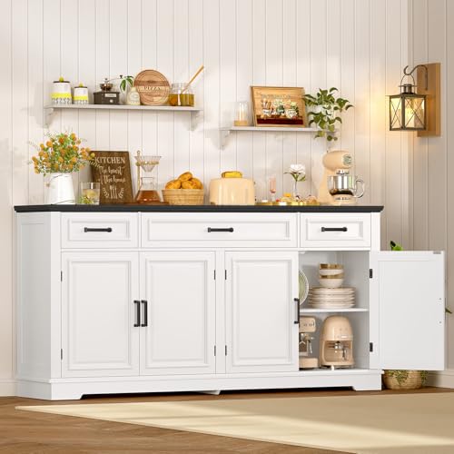 usikey 59” Large Buffet Cabinet with 4 Doors and 3 Drawers, Buffet Sideboard Cabinet with Storage and 2 Adjustable Shelves, Coffee Bar, Wine Bar for Living Room, White - color: White+black -59"w