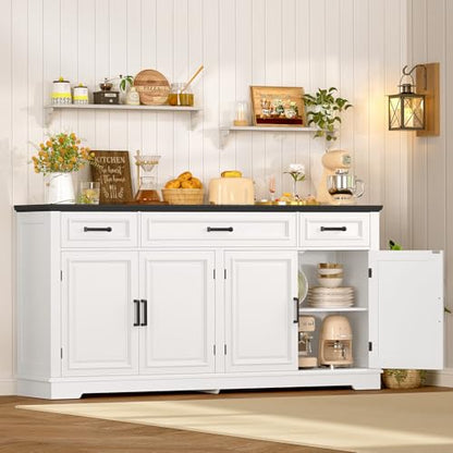 usikey 59” Large Buffet Cabinet with 4 Doors and 3 Drawers, Buffet Sideboard Cabinet with Storage and 2 Adjustable Shelves, Coffee Bar, Wine Bar for Living Room, White - color: White+black -59"w