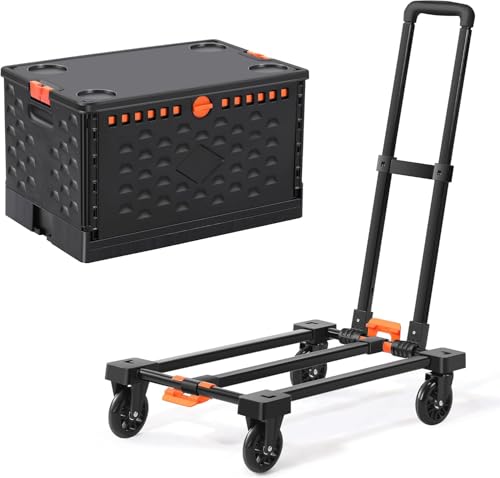 Foldable Utility Cart Collapsible Crate Rolling Carts with Wheels, Hand Truck Storage Box with Telescoping Handle, Folding Shopping cart with Wheels for Office Shopping Camping Travel Moving