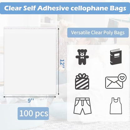 70 Pack 9x12" Clear Cellophane Bags for Shirts, Gift Wrapping, Artwork - size: 9x12 Inch