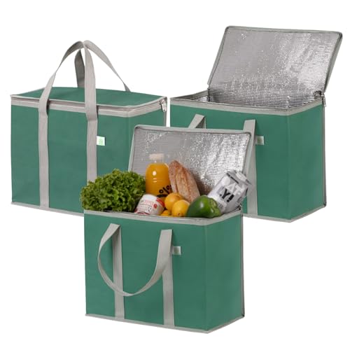 VENO 3 Pack Cooler Bag Insulated Grocery Bags for Food Delivery Heavy Duty - color: Dark Green, size: 3 Pack