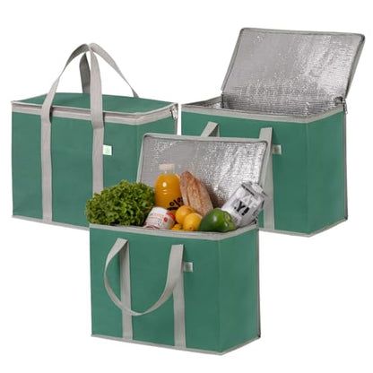 VENO 3 Pack Cooler Bag Insulated Grocery Bags for Food Delivery Heavy Duty - color: Dark Green, size: 3 Pack