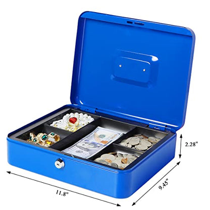 Jssmst Large Cash Box with Key Lock - Durable Metal Cash Box with Money Tray, 11.81 x 9.84 x 3.46 inches (X-Large, Blue) - color: Blue, size: XL(11.81")