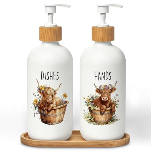 Highland Cow Farmhouse Hand and Dish Soap Dispenser Set, Highland Cow Lover Gifts Glass Soap Dispenser for Kitchen, Floral Heifer Refillable Handsoap Pump Bottle for Bathroom Countertop - color: Highland Cow Set of 2