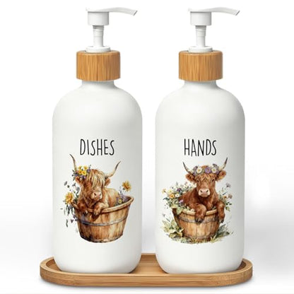 Highland Cow Farmhouse Hand and Dish Soap Dispenser Set, Highland Cow Lover Gifts Glass Soap Dispenser for Kitchen, Floral Heifer Refillable Handsoap Pump Bottle for Bathroom Countertop - color: Highland Cow Set of 2