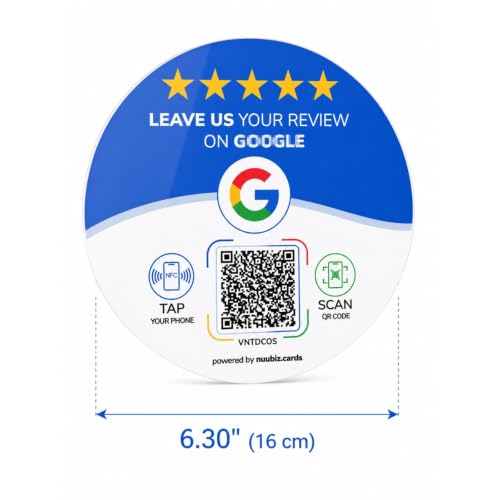 NFC Review Tap Card Plate for Google, for Business Counter, Door & Wall - size: 6.3" Round Adhesive Plate