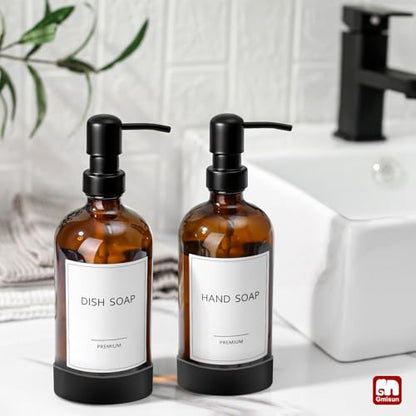 GMISUN Amber Glass Soap Dispenser with Silicone Sleeve Boot, 2 Pack Bathroom Hand Soap Dispensers with Pump, 17 Fl Oz Kitchen Hand and Dish Soap Dispenser Set, Liquid Soap Dispensers Bottle - color: Amber Bottle + Black Pump + Silicone Boot, size: 2 Pack