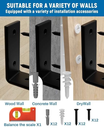 LEOPO Shelf Brackets 12 inch, 1/5 inch Thick 6-Pack Floating Shelf Bracket - color: black-6 pack, size: 11.25"
