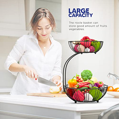 RICCLE Fruit Basket For Kitchen Counter - Fruit Basket With Banana Hanger - Double Layer Metal Wire Fruit Bowl For Countertop - Fruit Holder For Produce, Vegetables