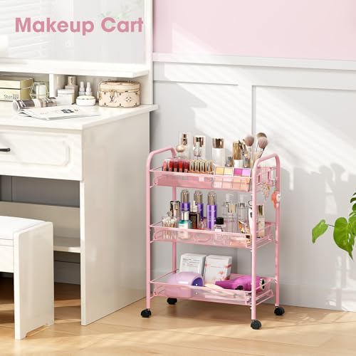 TOOLF 3 Tier Rolling Cart, Metal Utility Storage Cart with Wheels, Pink - color: Pink, size: 3-Tier