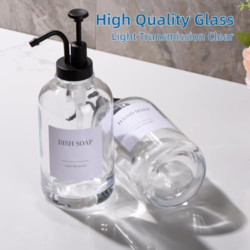 Glass Soap Dispenser with Pump, Dish and Hand Soap Dispenser for Kitchen Bathroom Set, Clear Glass Dispenser Set of 2 Pack with 18 Stickers Funnel Bamboo Tray 500ml 18oz / Each Bottle Sliver Pump - color: Glass+black Pump