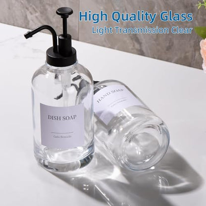 Glass Soap Dispenser with Pump, Dish and Hand Soap Dispenser for Kitchen Bathroom Set, Clear Glass Dispenser Set of 2 Pack with 18 Stickers Funnel Bamboo Tray 500ml 18oz / Each Bottle Sliver Pump - color: Glass+black Pump