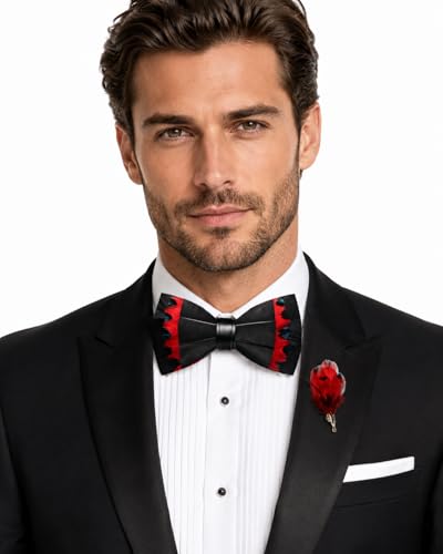RBOCOTT Handmade Feather Pre-tied Bow tie and Brooch Sets for Men - color: Black/Red