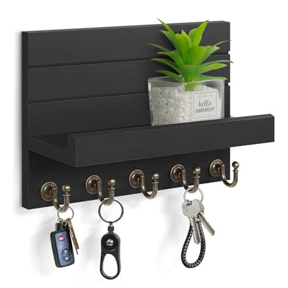 HONJIN Key Holder Wall Mount with Shelf and 5 Sturdy Key Hooks (Black) - color: 5 hooks Black