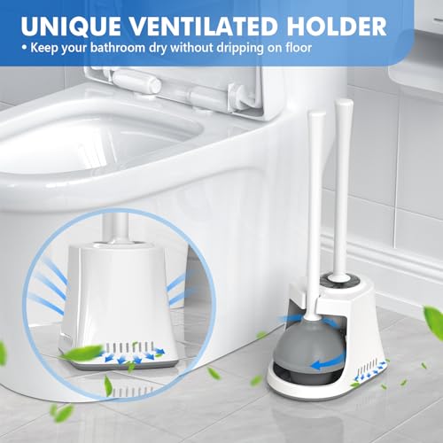 LOVLOY Toilet Plunger and Brush, Bowl Brush and Heavy Duty Toilet Plunger Set with Ventilated Holder, 2-in-1 Toilet Brush and Plunger Combo for Bathroom Cleaning (2, White) - color: White