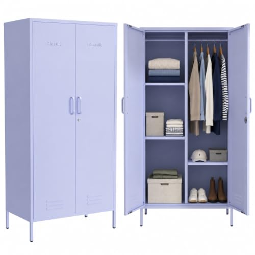 Metal Armoire Wardrobe Closet, 67" Tall Purple Lockable Wardrobe Cabinet with 2 Doors, Hanging Rod and Adjustable Shelves, Steel Clothing Storage Cabinet for Bedroom, Home, Cloak Room, Gym, Office - color: Lilac, style: Wardrobe-67"H-JS