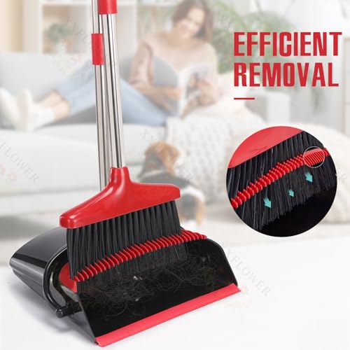 Broom and Dustpan Set,54.72"Long Handle,Standing Dustpan,Black&Red - color: Red Black