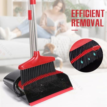 Broom and Dustpan Set,54.72"Long Handle,Standing Dustpan,Black&Red - color: Red Black