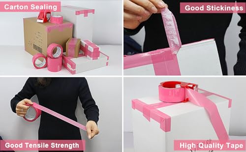 BOMEI PACK Pink Packing Tape, 1.88'' x 55yds Per Roll,3 Rolls Heavy Duty Packaging Tape with Dispensers for Packing Shipping Moving and Sealing - color: pink