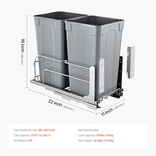 VEVOR Pull-Out Trash Can, 27 QT x2 Double Under Mount Kitchen Waste Container, Heavy Duty Garbage Recycling Bin with Door Kit and Soft Close Slide, for Kitchen Cabinet, Sink, Under Counter (Grey) - size: 54QT
