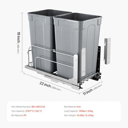 VEVOR Pull-Out Trash Can, 27 QT x2 Double Under Mount Kitchen Waste Container, Heavy Duty Garbage Recycling Bin with Door Kit and Soft Close Slide, for Kitchen Cabinet, Sink, Under Counter (Grey) - size: 54QT
