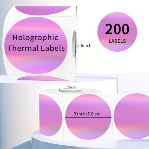 3" Holographic Direct Thermal Label Stickers, Round Printable Rainbow Glitter Thermal Printer Sticker Labels for Gift Wrapping, Self-Adhesive DIY Custom Logo Design- Holographic Pink - color: Holographic Pink, size: 3 inch