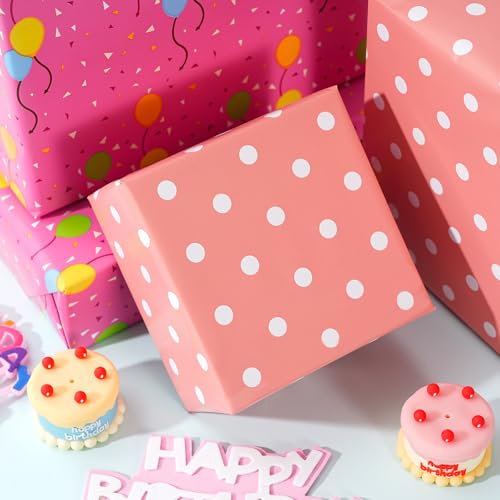 Ulmasinn Reversible Birthday Wrapping Paper Roll - 17" x 16.4 Ft, Double Sided Balloon & Polka Dot for Kids Gifts, Baby Shower, Party - color: Balloon & Pink Birthday