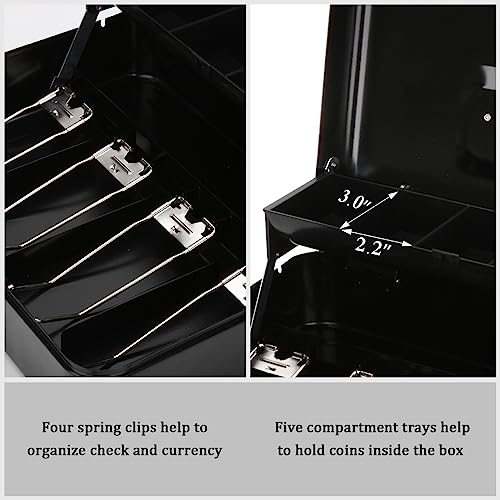 Jssmst Large Locking Cash Box with Money Tray, Lock Box with Security Cable Metal Money Box with Lock, Black - color: Black Key