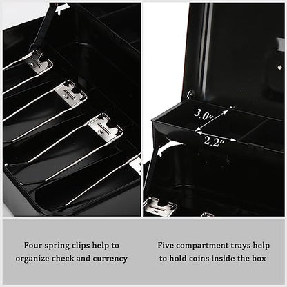 Jssmst Large Locking Cash Box with Money Tray, Lock Box with Security Cable Metal Money Box with Lock, Black - color: Black Key