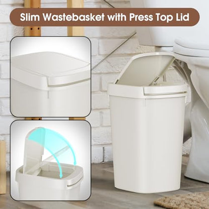 CEROELDA 3 Pack Bathroom Trash Can with Lid, 10L/2.6 Gal Small Garbage Can with Press Top Lid, Slim Plastic Waste Basket for Toilet, Office, Bedroom (White, 3 Pack) - color: 3 Pack-White