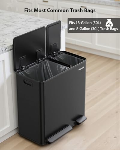 Lovewind Dual Trash Can, 14 + 6 Gallon Garbage Can for Kitchen Dual Compartment Recycling Kitchen Step Trash Bin, Stainless Steel Trash and Recycle Bin Combo with Soft-Close Lid, Black - color: Black, size: 14 + 6 Gallon