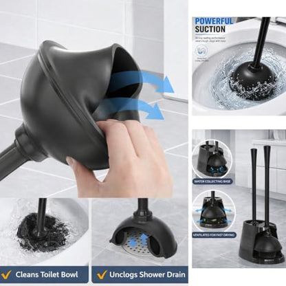 2-in-1 Toilet Bowl Brush and Plunger Set - Toilet Plunger Brush Set for Bathroom - Heavy Duty Rubber Plunger and Durable Toilet Brush, Compact Bathroom Cleaning Set for Home, Apartment (Black)