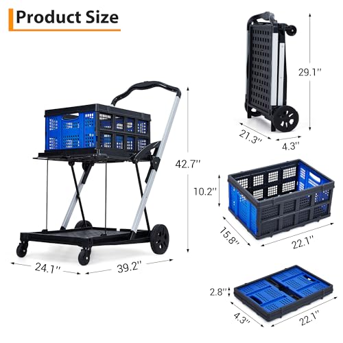 2-Tier Foldable Shopping Trolley - 2 Tier Folding Grocery Carts (198 LB Capacity), Portable Grocery Cart with Wheels & Removable Crate (Blue) - color: Blue