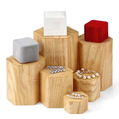 Jetec 12 Pcs Hexagonal Jewelry Display Risers Acrylic Stands,Woodgrain - color: Natural Color