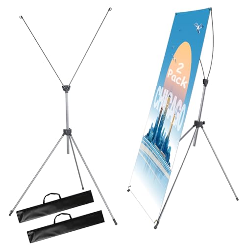 2 Pack X Frame Banner Stand Fits Any Banner Adjustable Size 23"X63" to 32"X78" with Portable Retractable Carrying Bag, Customize Stand for Trade Show Exhibition Market and Store Display,Silver