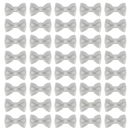 MECCANIXITY 100 Pcs Mini Ribbon Bow 0.8" Mini Fabric Satin Ribbon Flower Bows for Craft DIY Sewing Wedding Birthday Party, Grey - color: Gray
