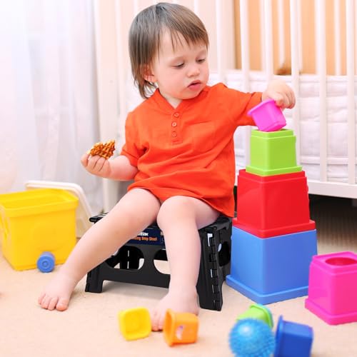 Flottian 9" Folding Step Stool for Adults and Kids 15-Inch Extra Wide Stool Holds Up to 300 lbs,Non-Slip Folding Stools with Handle,Compact Plastic Foldable Step Stool for Bathroom,Kitchen,ect,Black - size: 9 Inch