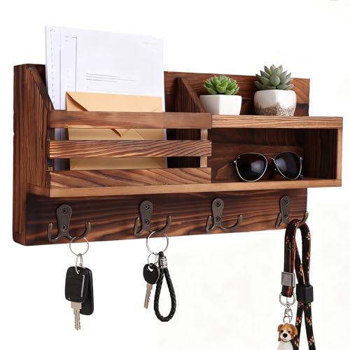 Solid Wood Key and Mail Holder for Wall, Brown