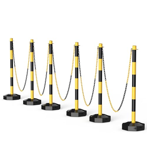 6 Pack Traffic Delineator Post Cones with Fillable Base & 5Ft Chain - color: Yellow+Black